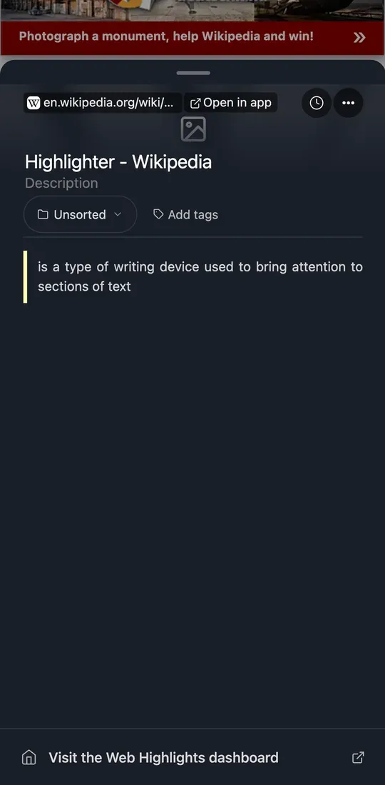 The Web Highlights notebook on an Android phone, with the page's highlight and the dashboard link at the bottom