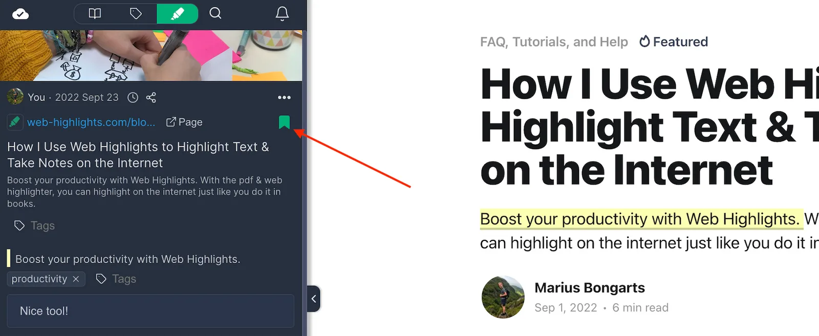 Web Highlights sidebar showing a saved bookmark card for the current page