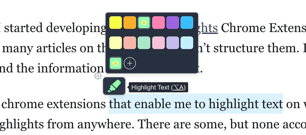 Web Highlights' popup highlighter lets you annotate text on a website with different color options.