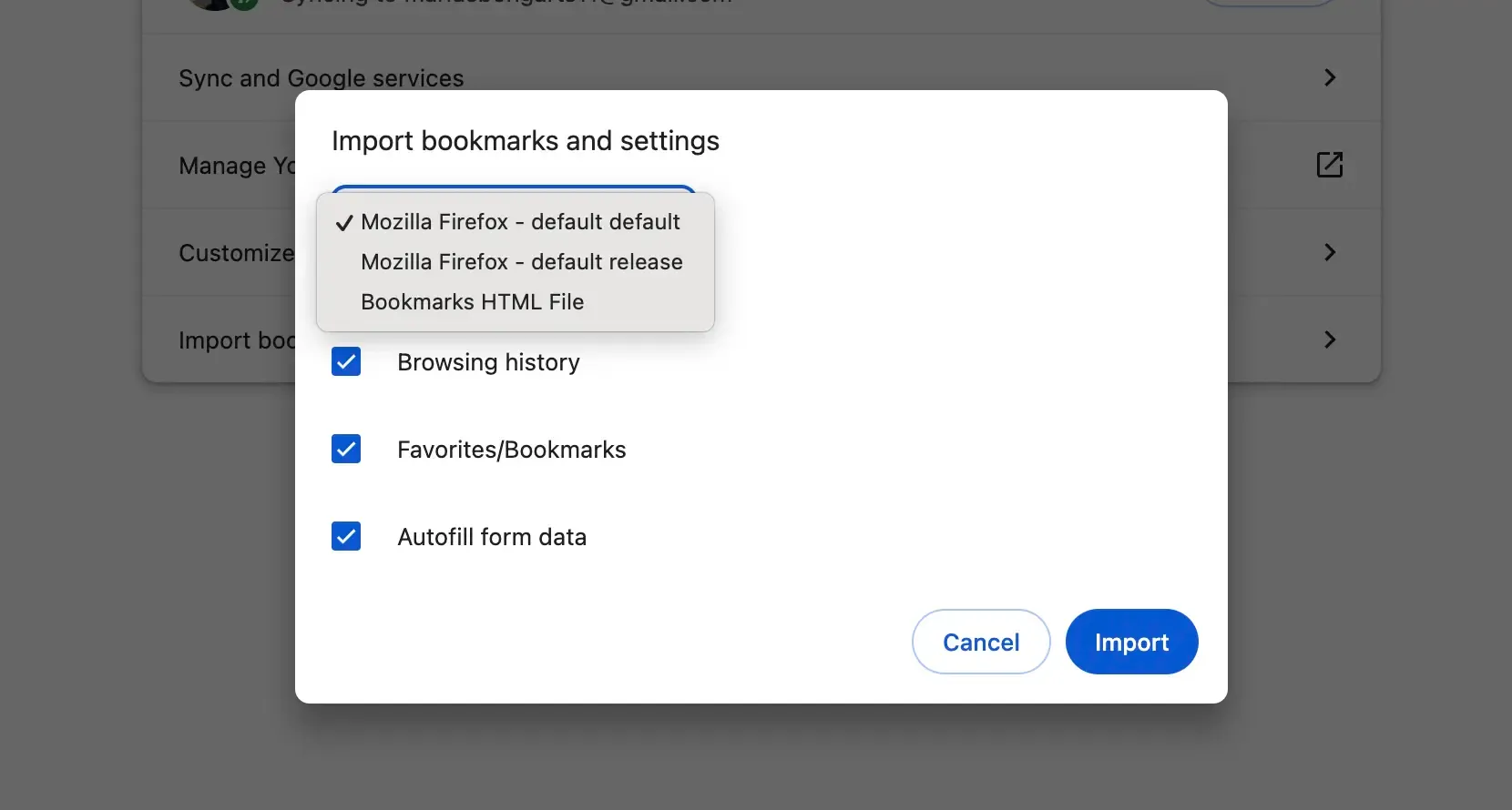 Chrome import dialog with Bookmarks HTML File selected in the dropdown