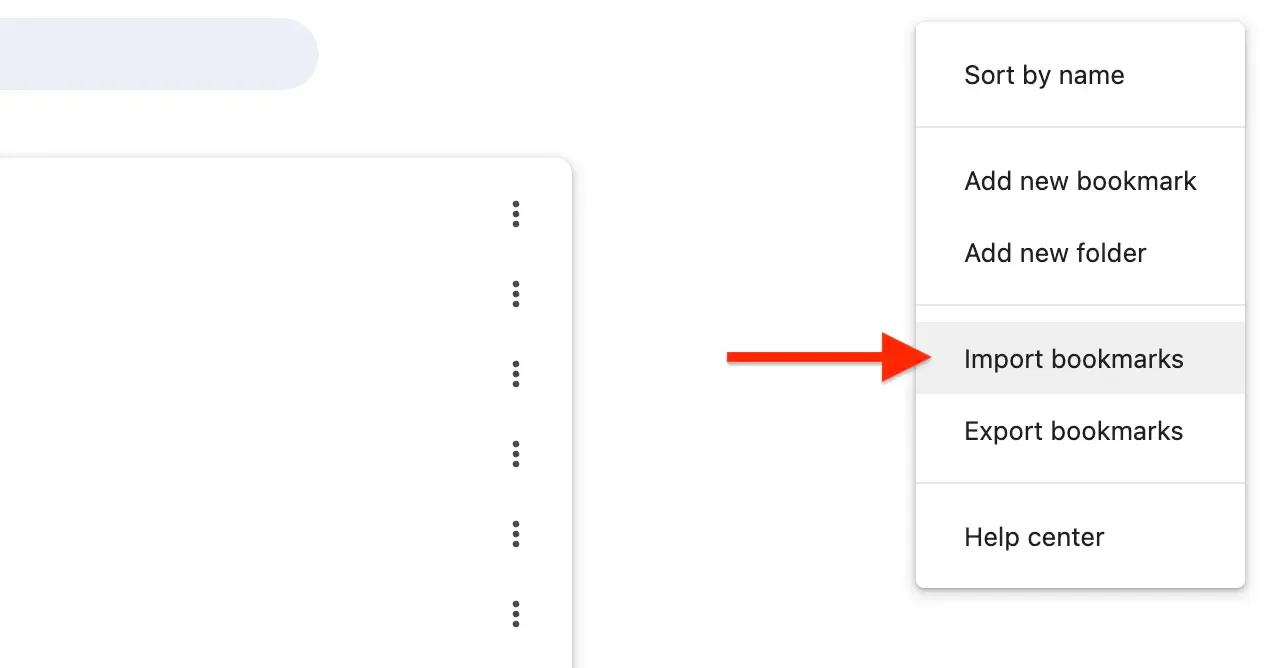 Chrome bookmark manager menu with the Import bookmarks option