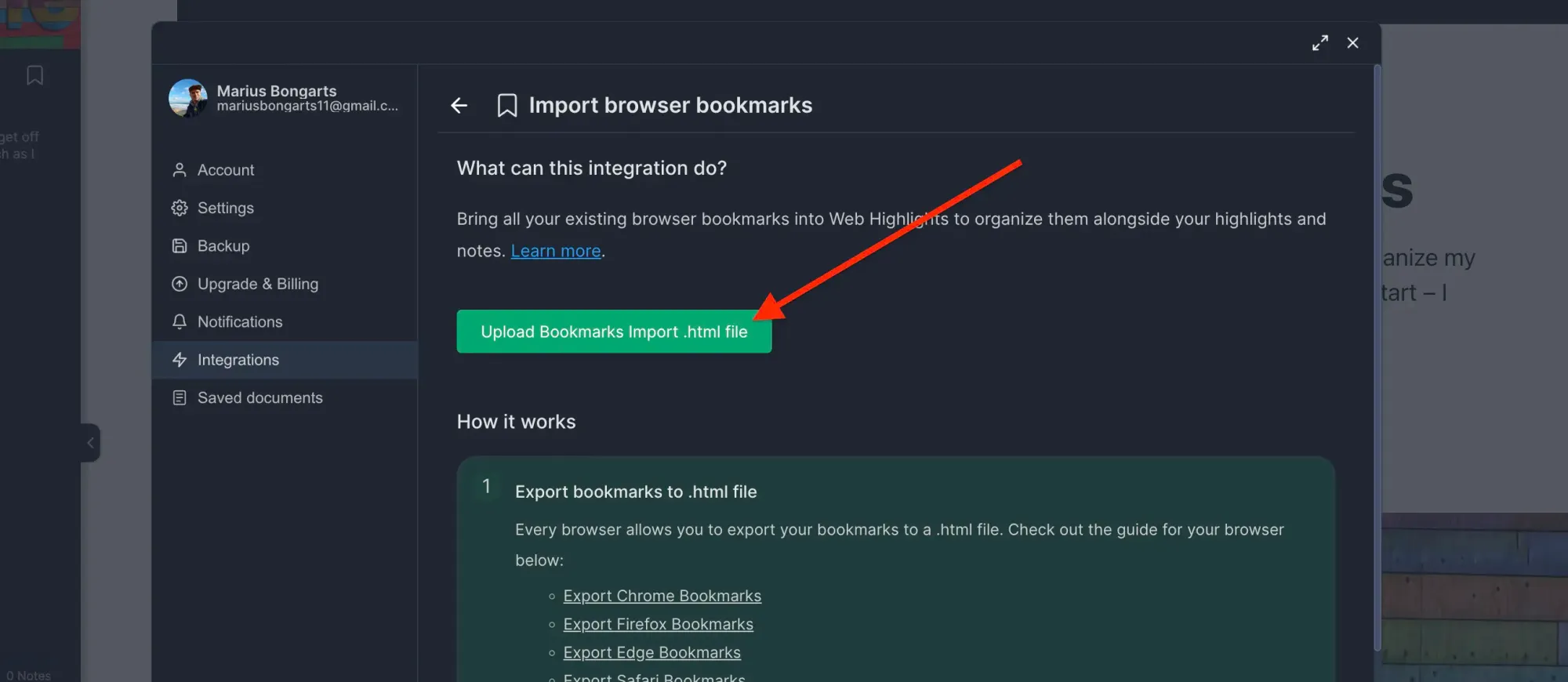 Step 4: Click&nbsp;Upload bookmarks file