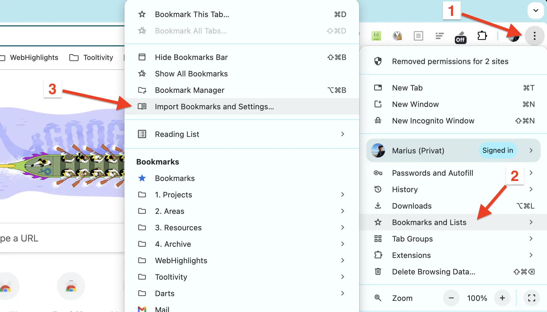 Chrome menu steps to open Bookmarks and choose Import Bookmarks and Settings