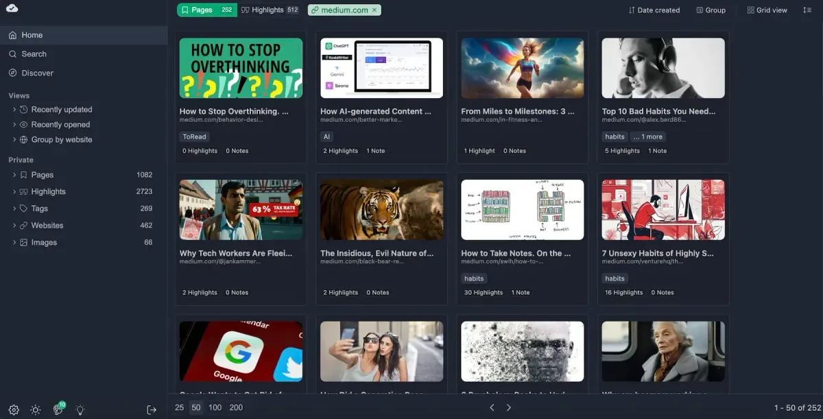 Saved websites and bookmarks in the Web Highlights dashboard