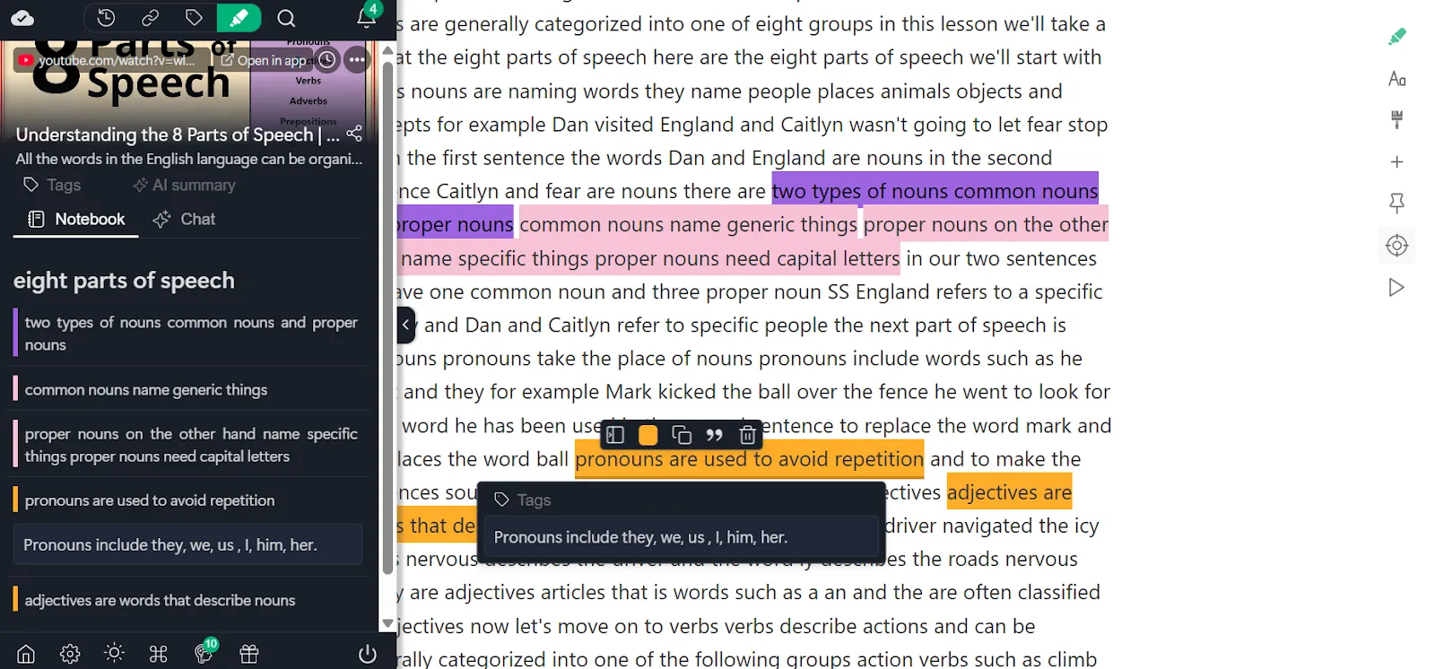 Note-taking with highlights on YouTube in Web Highlights