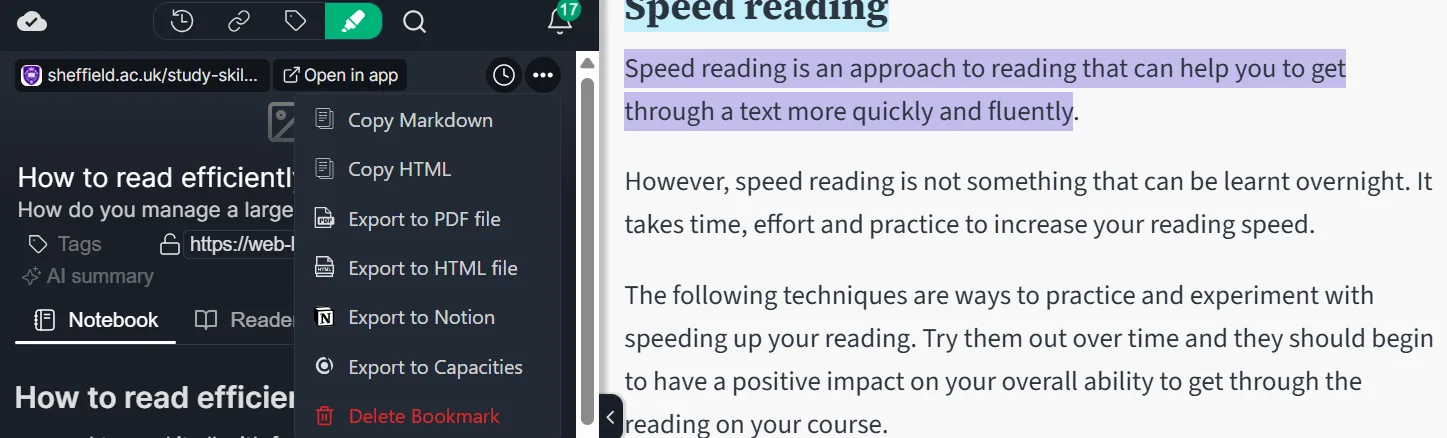 Export options in Web Highlights