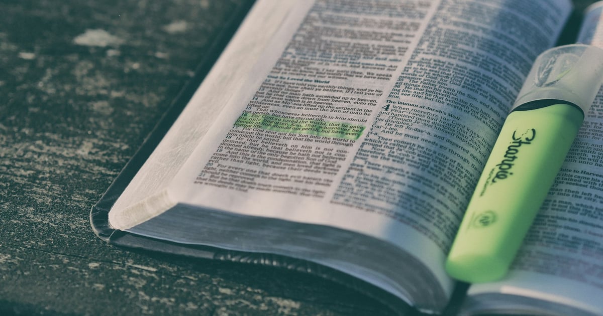 An open book, with a yellow highlighted passage on the left page. In the center of the book lies a yellow highlighter pen.
