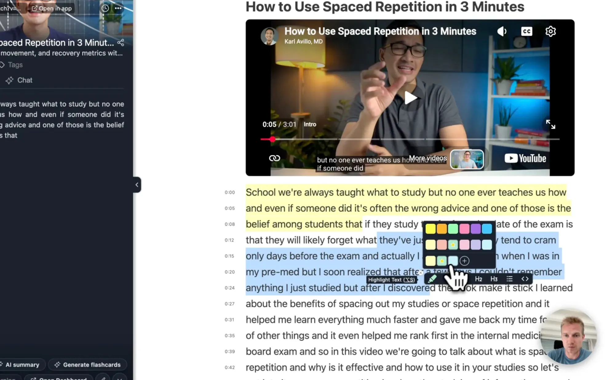 Youtube Reader Preview of Web Highlights