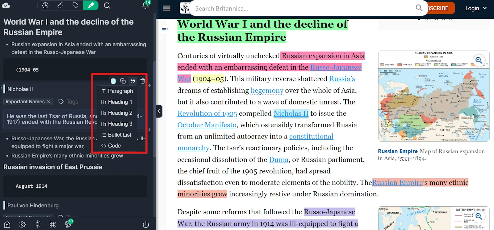 Popup with multiple options to select from for formatted highlighting in Web Highlights
