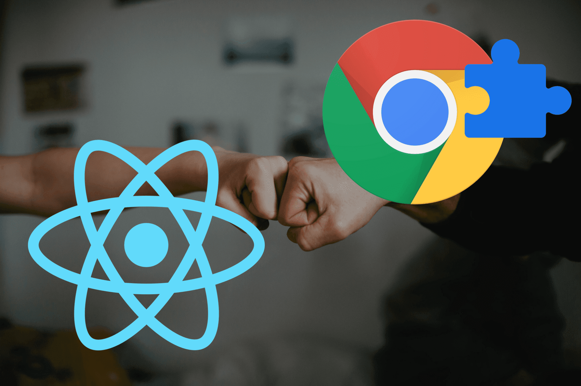 Handshake with fists - Left shows React logo, right side shows Chrome extension Logo