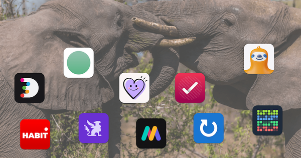 Logos of various habit tracker apps arranged over a background image of two elephants touching trunks.