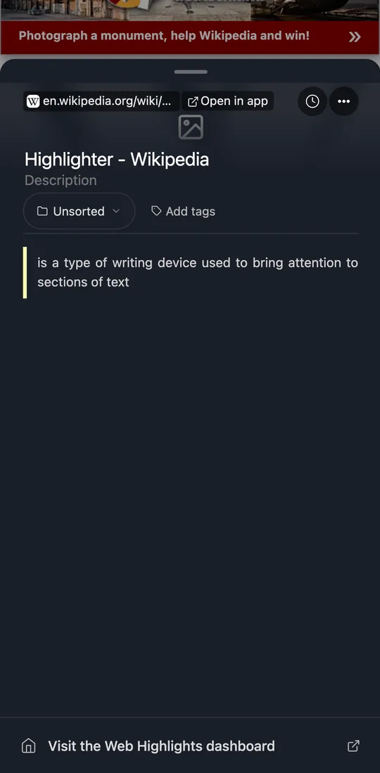 Das Notizbuch der aktuellen Seite in Edge für Android, mit dem Dashboard-Link unten