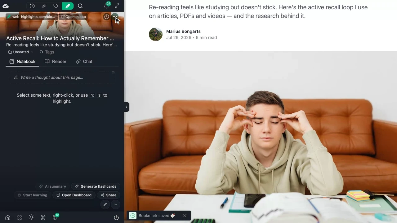 Bookmark saved confirmation in the sidebar