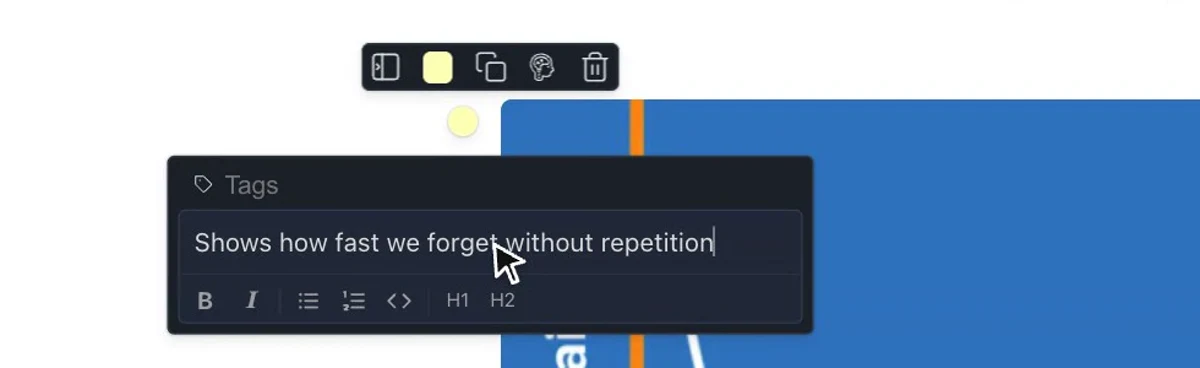 Point indicateur sur une image enregistrée, barre d’outils et éditeur de note ouverts