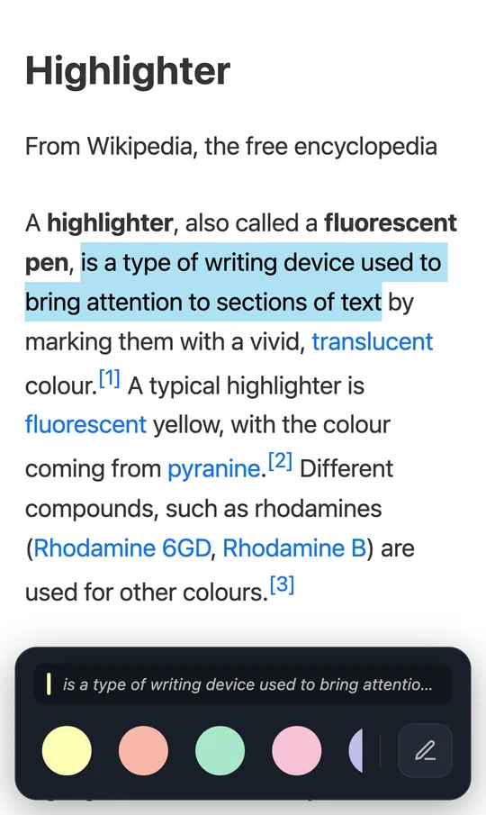 Ein Artikel im Web-Highlights-Reader auf dem iPhone, mit Markierleiste