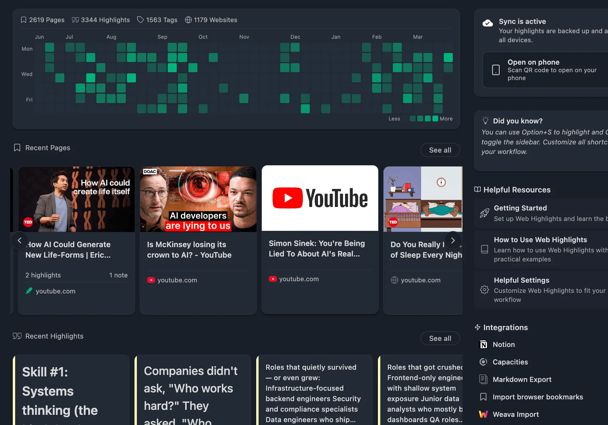 Dashboard of Web Highlights Web App